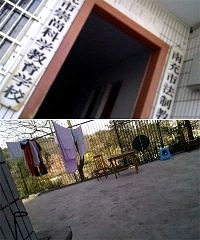 图四:上部:是洗脑班大院内楼房门前挂着自欺欺人的招牌“南充市崇尚科学教育学校”、“南充市法制教育基地”。下部:是洗脑班大院楼房外面的院坝。