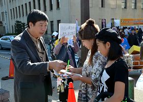 日本法轮功学员在静冈市骏府城公园征集签名,谴责中共活摘器官。