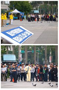 '一车车的大陆游客看到法轮功学员集体炼功感到震撼,纷纷驻足观看并听法轮功学员讲真相。'