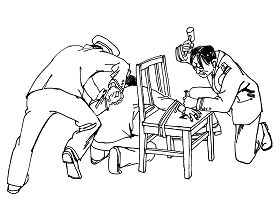 中共酷刑示意图:锥刑——用螺丝刀刺穿学员的手背