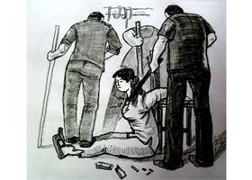 中共酷刑示意图:背铐、电击、棒打、踩踢