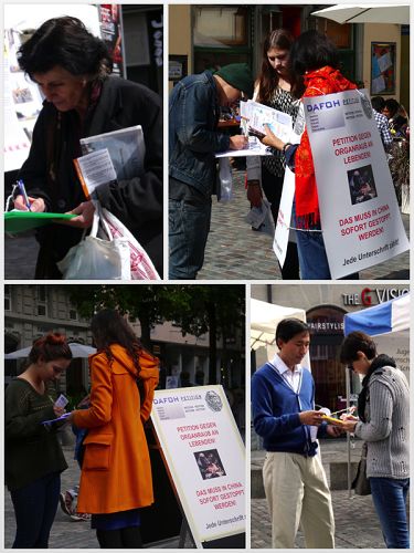路人在苏黎世古城区希尔申广场(Hirschenplatz)签名制止中共活摘法轮功学员器官