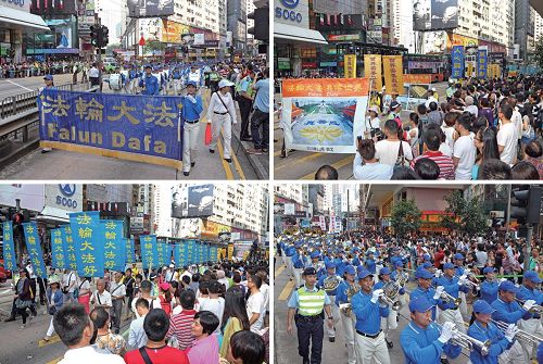 '图4:军容整齐威武的天国乐团引领游行队伍缓缓前进,为民众带来幸福与喜悦,两旁的民众热切围观,纷纷举起手机、相机等拍摄,将法轮大法的美好带回家。'