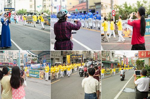 '法轮功学员游行走过之处,有不少民众拿起手机、相机拍照录影。'