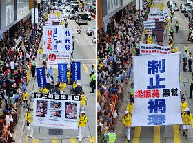 图5.制止迫害的游行,吸引广大民众和旅客的关心与围观,纷纷举起相机、手机拍照。