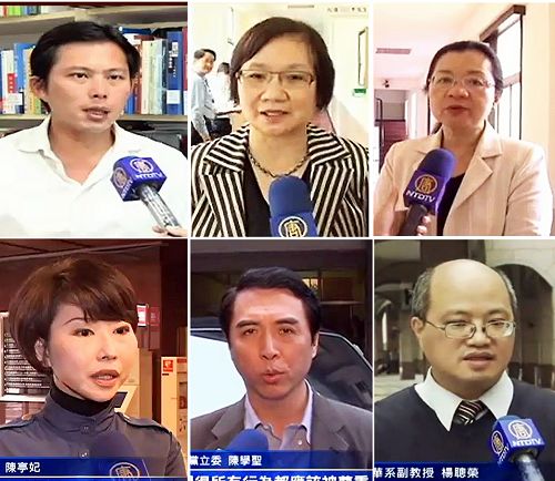 朝野立委与学者发声关注和谴责,支持法轮功景点讲真相活动。上(由左而右)分别为:中央研究院副研究员黄国昌、立委罗淑蕾、立委田秋堇,下(由左而右)分别为:立委陈亭妃、立委陈学圣、师大副教授杨聪荣。