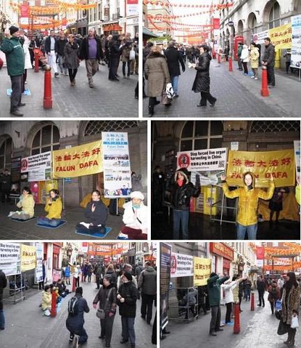 '临近中国新年,法轮功学员在伦敦唐人街炼功、讲真相、揭露中共迫害'