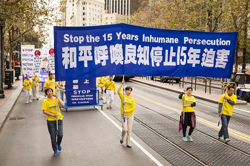 图:苏比尔曼公园出发的法轮功大游行路线途径旧金山旅游区、金融区、市中心的商业和购物区以及中国城的街区