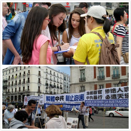 欧洲多个国家的法轮功学员马德里集会,向来自世界各地的游人和民众展示法轮功功法,征集签名反对活体摘取法轮功学员器官