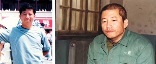 图9:梁振兴的两张照片,左:迫害前;右:在看守所(官网),头左部发迹上可见血污