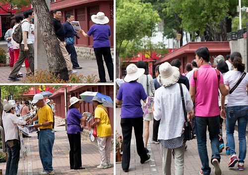 郑大姐(穿紫色衣服者)每天至少来来回回讲三~四小时的真相,帮大陆游客退党无数,她说为了可贵中国人一点也不觉得累。