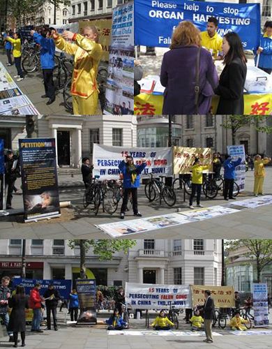纪念“四•二五”,英国法轮功学员在伦敦市中心开展和平理性讲真相、反迫害活动。