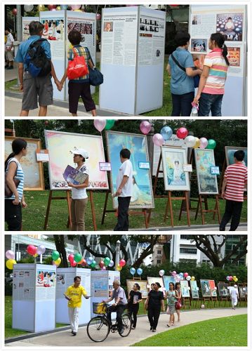 民众阅读真相展板,或索要真相资料,观看法轮功学员创作的油画作品