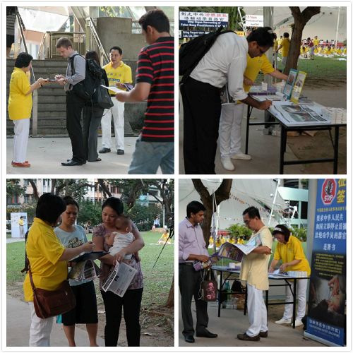 途经法轮功学员集会现场的各国民众纷纷了解真相,并在反对中共强摘器官的征签表上签名。