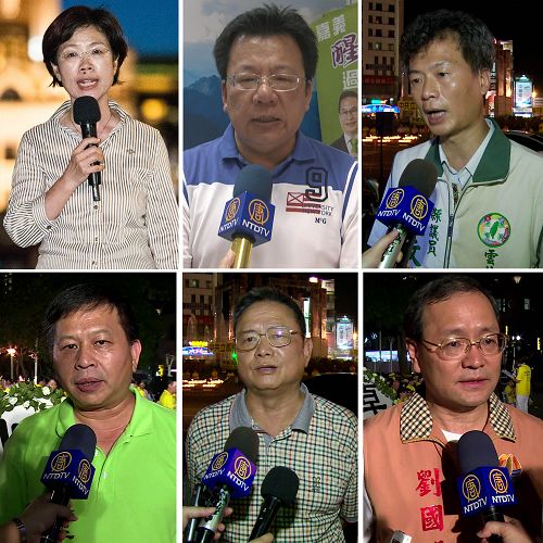 台湾多位立委、议员以及专家学者声援法轮功控告强卫,希望司法能够依法侦办。由左而右,上图:立委尤美女、立委李俊俋、议员江文登,下图:议员李天生、议员陈河山、台联执行长刘国隆。