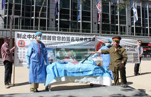 图3:揭露中共活摘法轮功学员器官的模拟演示