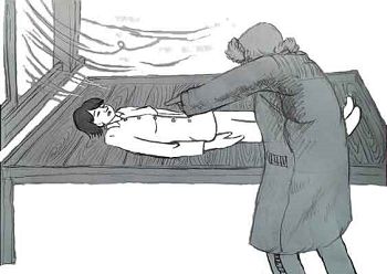 图15:冬天,在没有暖气的严管室里把窗户打开,往大法弟子被褥上泼凉水,扒掉棉衣棉裤,白天坐地砖上,晚上不给被褥,只穿单衣服笔直躺在木板