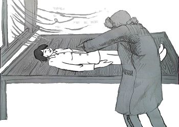 上床也没有被褥,只穿单衣服躺在光板床上。