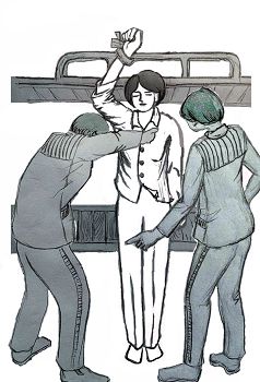 示意图:单手铐在床架上