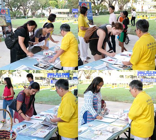 图2-5:来自世界各地的民众经过活动现场,纷纷驻足了解真相,并在“呼吁制止活摘法轮功学员器官”的征签表上签名。