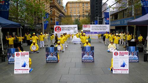 悉尼法轮功学员与支持者在马丁广场集会,并以真人演示反酷刑展,向澳洲主流社会揭露中共活摘法轮功学员器官的真相。