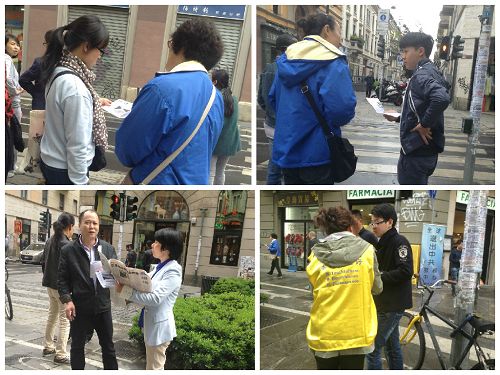 在华人街,退党义工向意大利华人讲真相,劝三退。