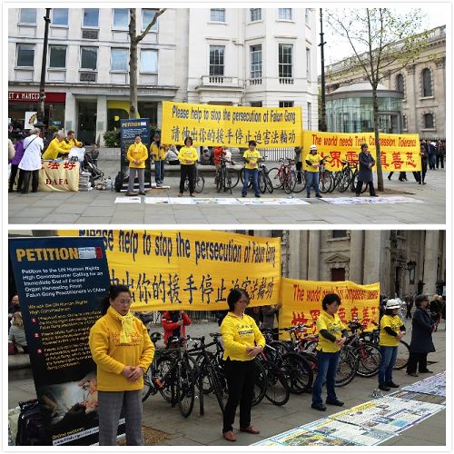 图2:纪念“四•二五”十六周年,英国法轮功学员在伦敦市中心圣马丁广场举行集体炼功、讲真相反迫害活动