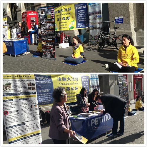 图7:四月二十五日,在伦敦市唐人街,民众纷纷签名支持法轮功学员反迫害、谴责中共活摘法轮功学员器官暴行
