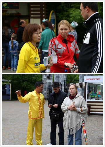 法轮功学员和民众交谈,传播真相