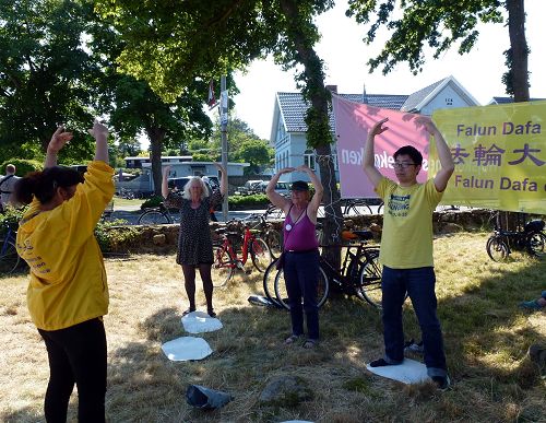 丹麦“人民聚会”活动期间,民众学炼法轮功