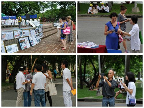 图2:集会现场的民众,有的阅读真相展板(上左),有的一边聆听学员讲述真相,一边取阅大法的真相传单(上右),有的购买大法书籍(下左),也有的一边听学员讲真相、一边用艾帕(iPad)拍摄集会现场的照片。