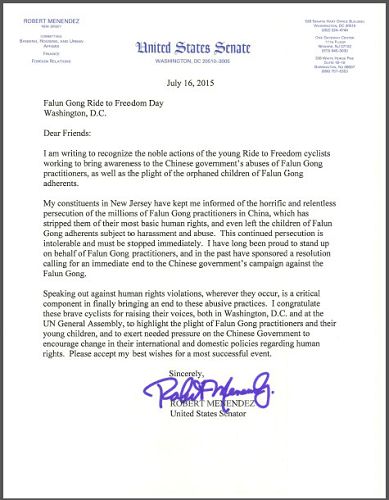 美国联邦参议员罗伯特•梅南德斯(Robert Menendez)给青少年骑手们的支持信