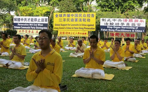 反迫害十六周年,新加坡法轮功学员在芳林公园举办活动,传播法轮功真相,并将“诉江大潮”广告民众。