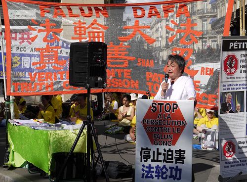 图7:民主党法国主席吴江先生在集会上做了发言