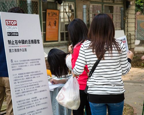 图7-8:桥头旧糖厂园区内的游客关注法轮功真相,签名谴责迫害。