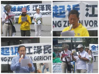 图2:部分已经向中国最高检察院和法院递交了诉状的法轮功学员在集会上,以自己的亲身经历,揭露中共江氏集团对法轮功学员的残酷迫害。