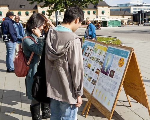 中国大陆留学生和乌普萨拉市当地民众观看展板,了解法轮功真相