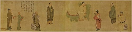图1:周文矩所画《明皇会棋图》描绘的是唐明皇下棋。画上,被赐座的只有一位高僧和一位大臣,其他人都站立,表现了皇帝对高僧的敬重、和古代社会信神敬佛的社会常态。