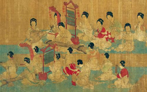 图2:周文矩《合乐图》描绘的是古代音乐家合奏乐器。在中国古代,乐器的合奏已具规模。画上,参加合奏的乐器包括:琵琶、笙、箫、笛、钹、鼓、古筝、编钟、板……,参加合奏的达11人,如同一个小乐队。
