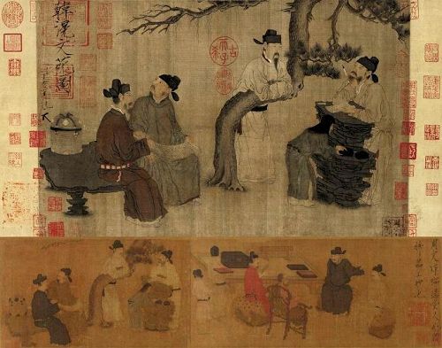 图3:《文苑图》被认为是周文矩《琉璃堂人物图》的局部。在《琉璃堂人物图》中,另有一个身穿袈裟的和尚坐在椅子上,与身穿官袍、头戴官帽的文臣以文会友,表现了古代社会主流阶层与修炼人交往的普遍现象。