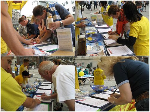 拼图:一些观众观看部分剧情后立即走到信息台前签名反迫害、谴责活摘、声援诉江