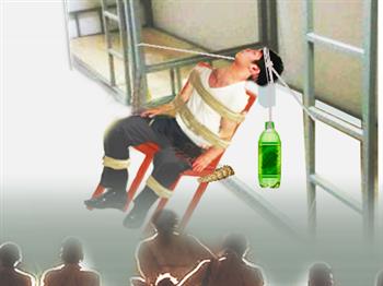 中共监狱酷刑示意图:“吊瓶”