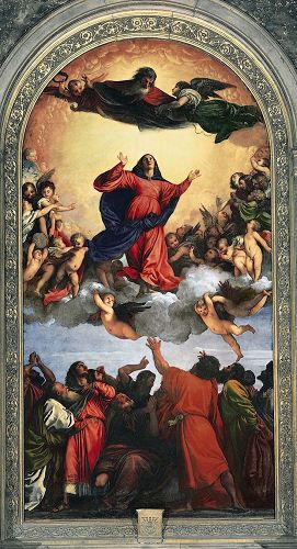 '图例:威尼斯画派代表画家提香的《圣母升天》(《L'Assomption de la Vierge》),木板油画,690×360厘米,作于1516年—1518年。由于画家优秀的底层提白技法,这幅名画虽然历经五个世纪的沧桑,但仍然呈现出明亮鲜艳的色彩效果。'