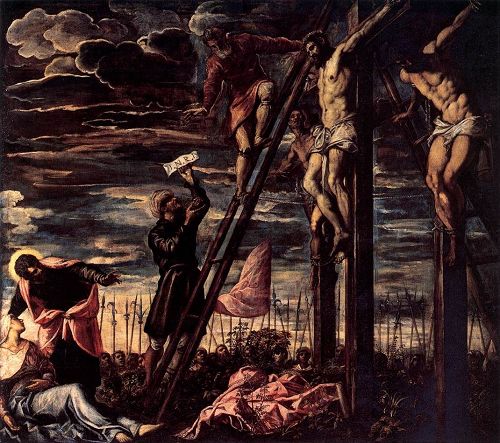 '图例:丁托莱托(Tintoretto)的《上十字架》(《Crucifixion》),布面油画,371×341厘米,作于 1568年。由于画家疏忽了底层的提白,随着时间的推移,油画颜料老化后逐渐失去覆盖力,使深色的土红底子慢慢透出,导致他的作品严重变黑。'