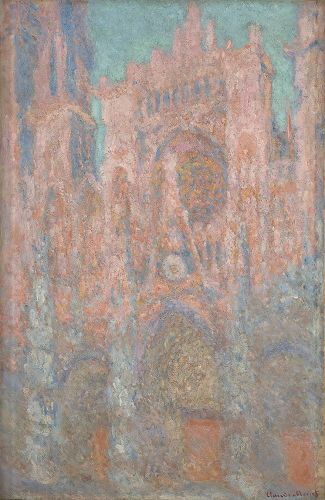 '图例:印象派代表画家莫奈(Claude Monet)的《鲁昂大教堂》(La Cathédrale de Rouen),布面油画,100×65厘米,作于1893年。作者想要表现阳光照射下大教堂的颤动光色,但由于背弃了传统的油画技法,不但画面显得严重发灰,而且现在整幅画已布满裂痕。'