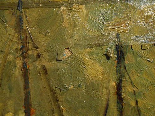 '图例:特瓦兹克(Henryk Francis Twardzik)的《格洛斯特海景》(Gloucester harbor view)局部,布面油画,作于1928年。由于作者不注重材料与技法,导致油画在完成几十年后就已开裂并局部脱落,颜料脱落处露出了下面的画布。'