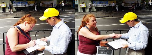图5:李亚尼(Leanne Smythe)女士签名后还递一澳元邮寄明信片费给法轮功学员