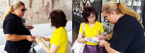 图6:埃斯特尔(Estelle Carter)女士签名后还拿出五倍邮寄明信片费给法轮功学员