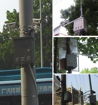 注:街头林立的摄像头。最近新安装的都带有“历下公安”的专用盒子。每隔三四十米就安一组(至少两个)。公交站牌两侧各安一组。有的十字路口四个角能安二十多个(不算交警抓拍的摄像头)。右下角是一个不算大的丁字路口,在原先四个摄像头的基础上又安了四个。
