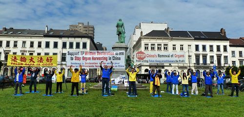 图1:法轮功学员在欧洲议会总部大楼前反对中共活摘器官